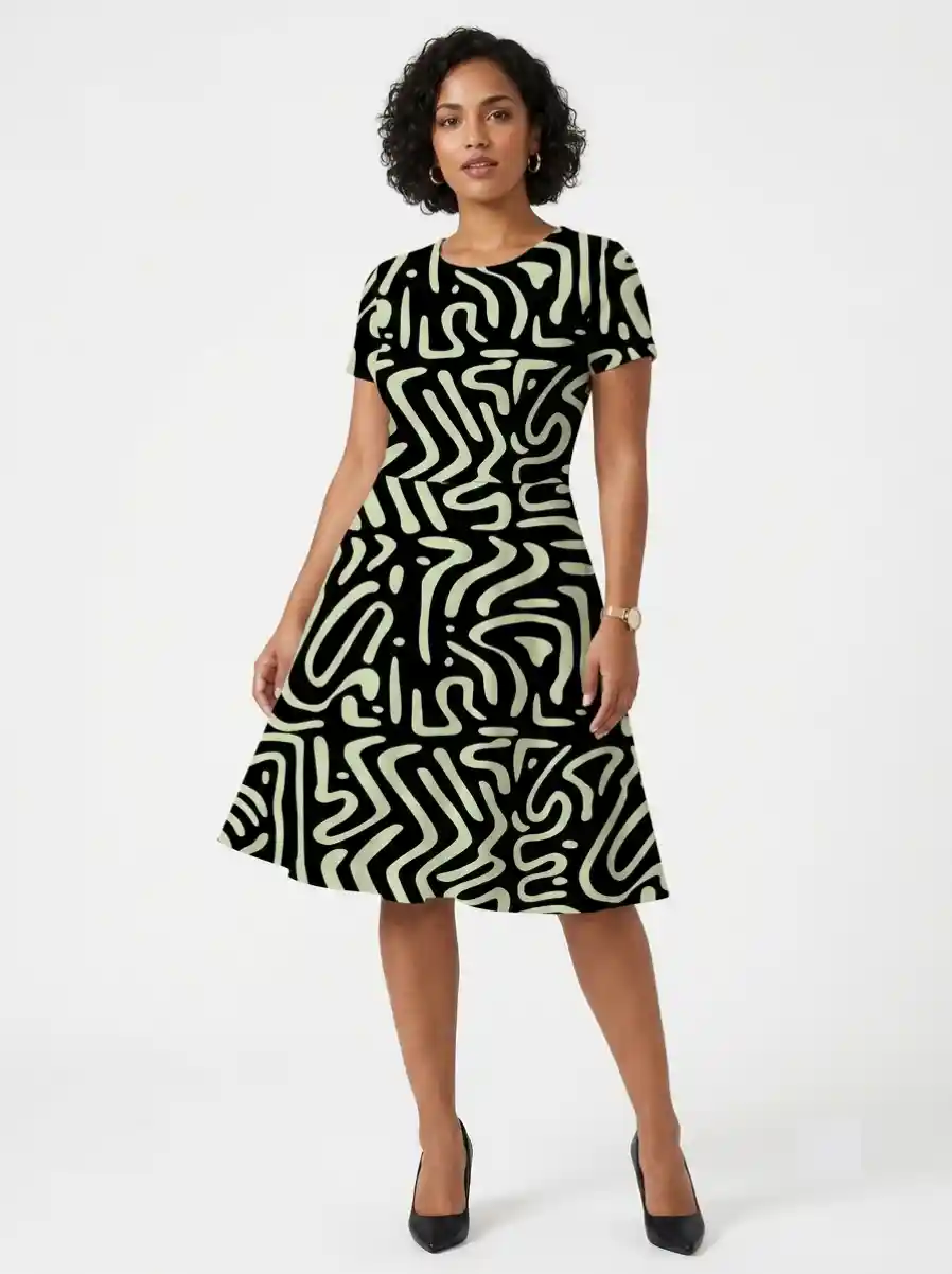 Abstract Black Green Aline Dress