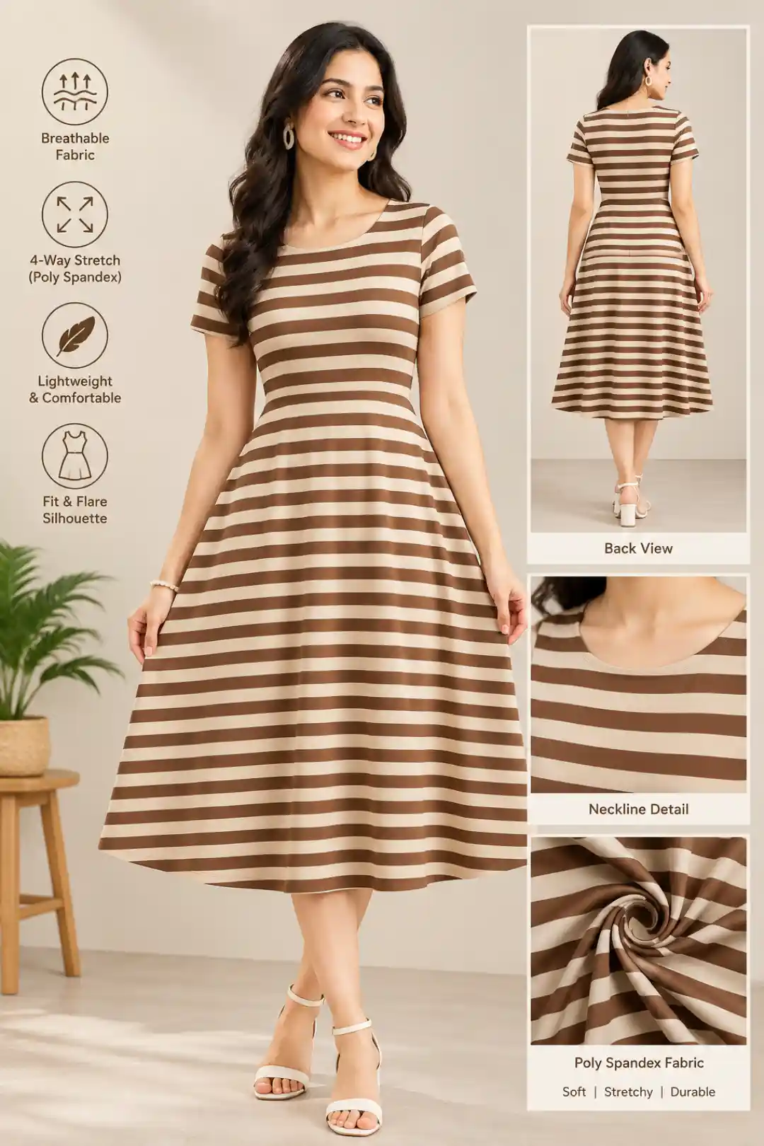 Coffee Color Stripped Aline Dress