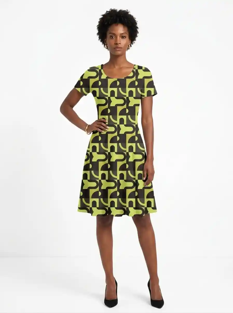 Olive Yellow Geometric Pattern Aline Dress