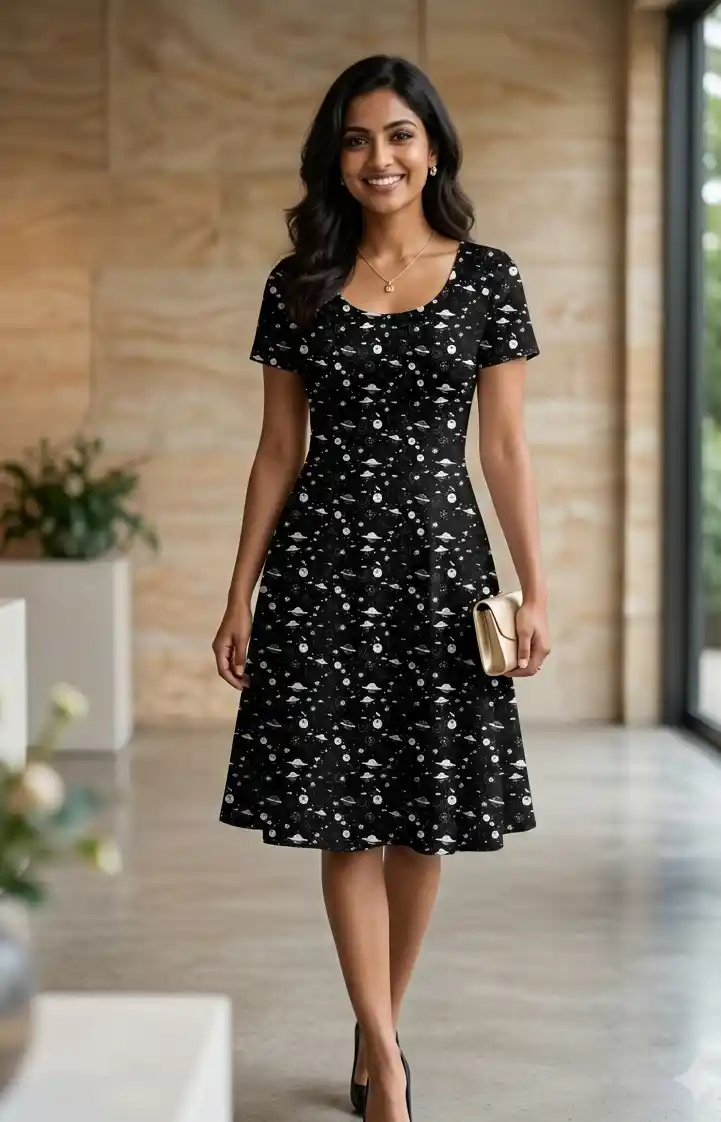 Black Celestials Printed Aline Dress