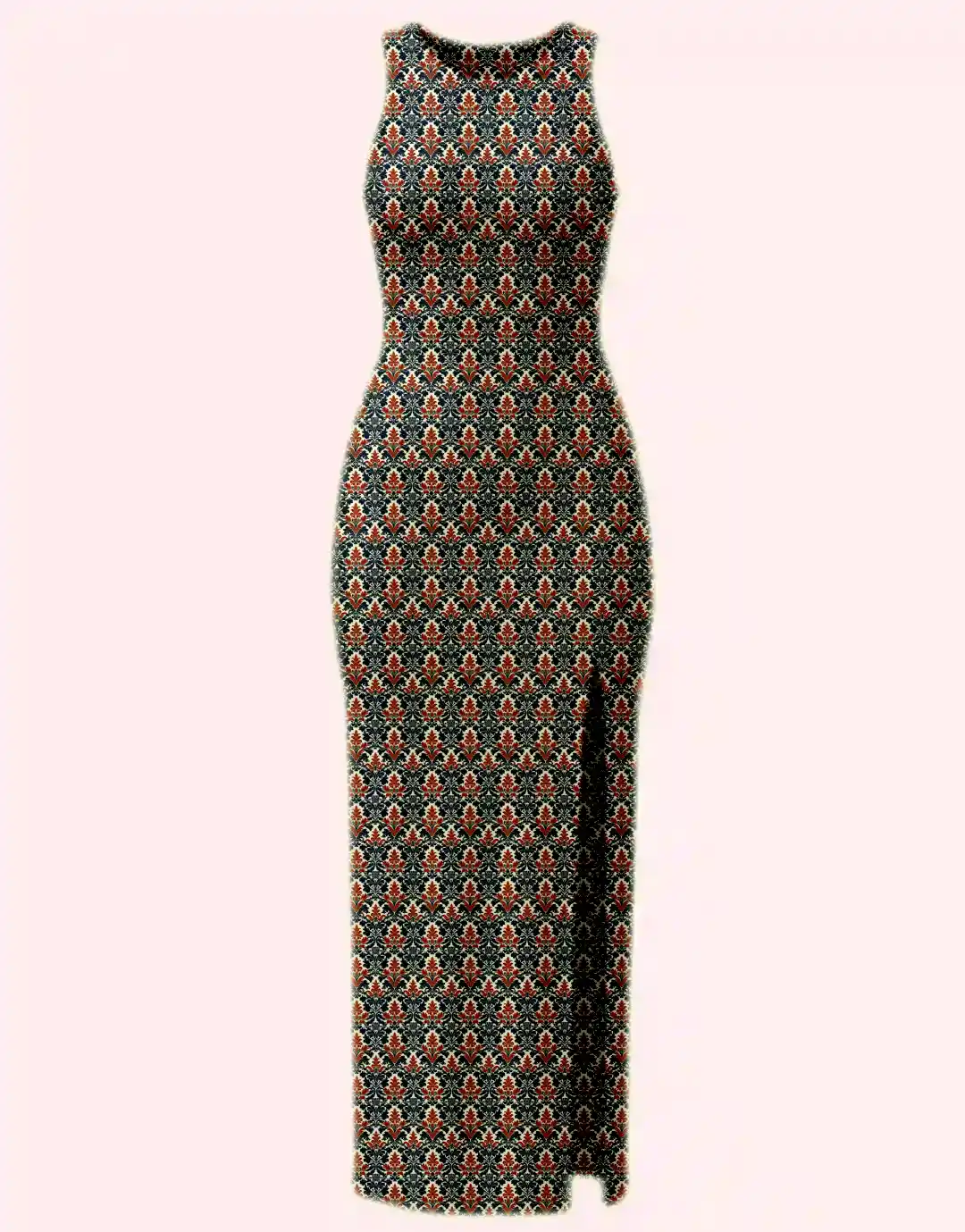 Retro Style Damask Contrast Printed Bodycon Dress - Image 2