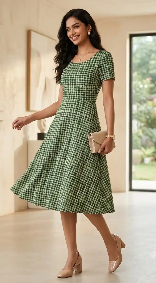 Green Emerald Color Houndstooth Aline Dress
