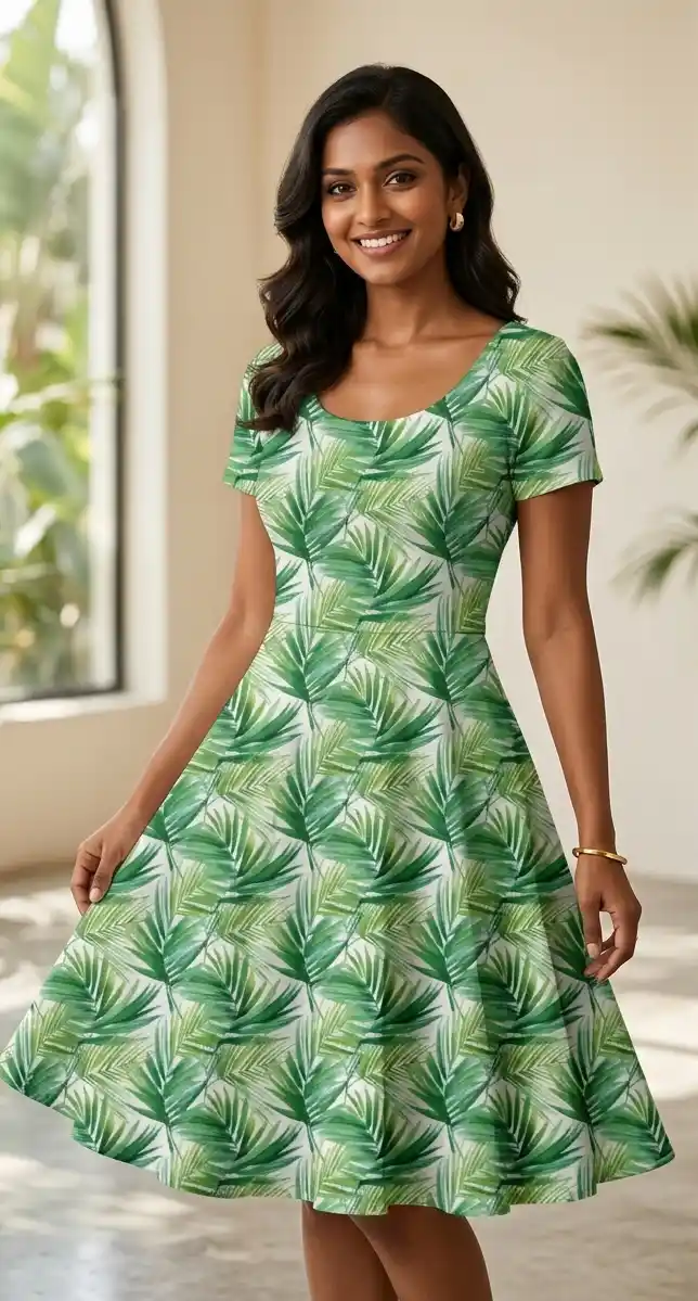 Tropical Palm Leaves Stretch Fit Aline Dress